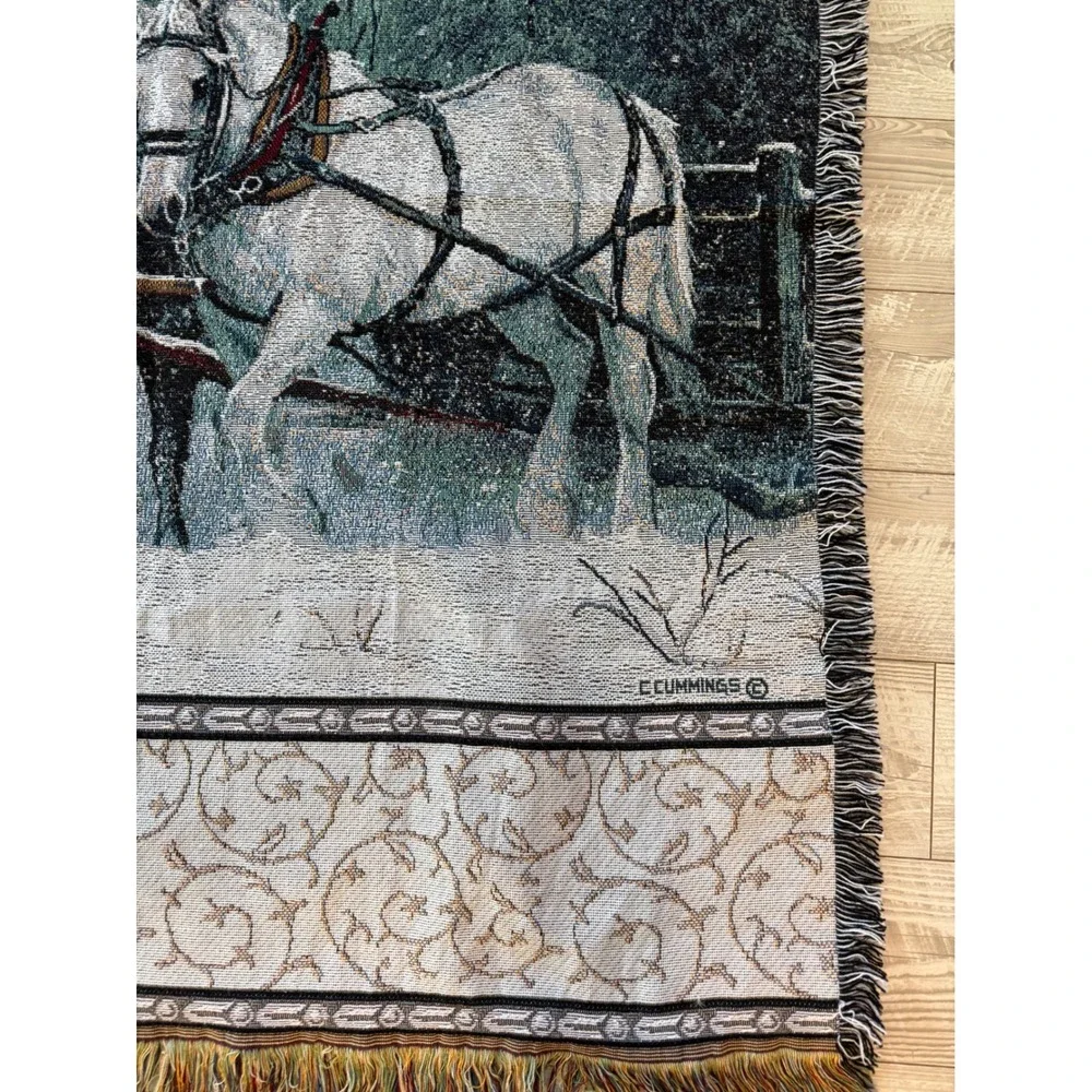 VTG C Cummings Horses Winter Sleigh Woven Tapestry Throw Blanket RARE White